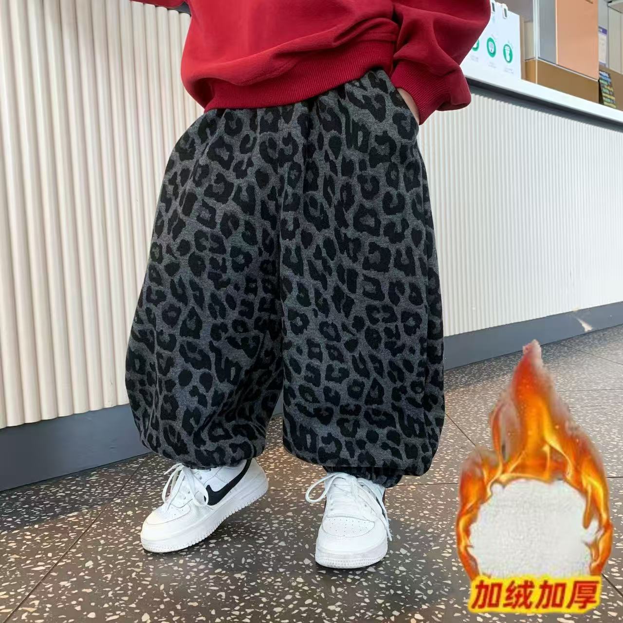 儿童加绒裤子男童宝宝灯笼裤秋冬新款女童儿童豹纹韩版休闲裤