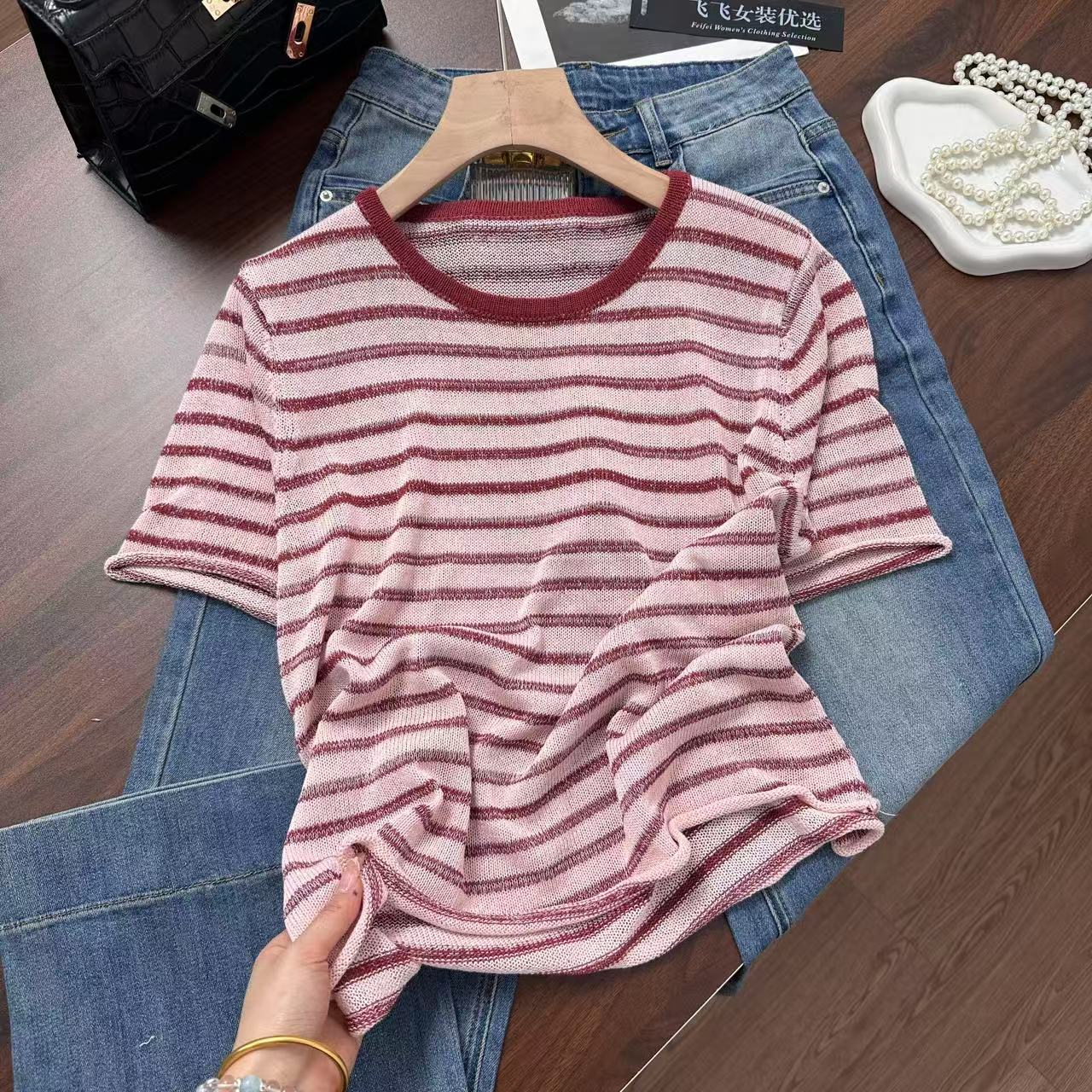 韩单提花条纹小卷边~日常通勤百搭！！时尚休闲圆领针织衫Y7118