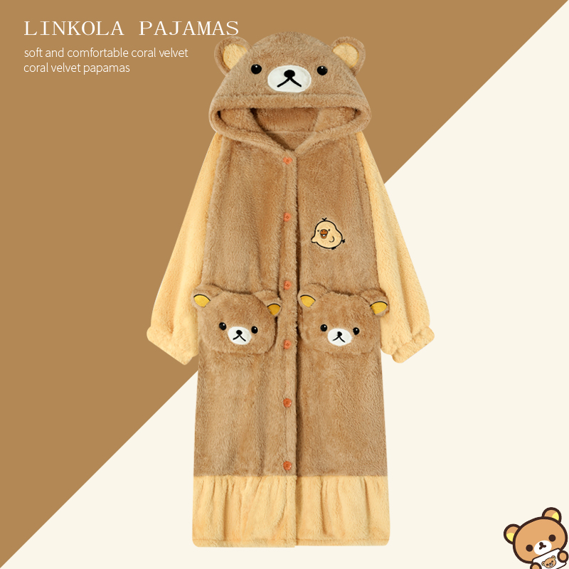珊瑚绒轻松熊睡衣秋冬季加绒加厚保暖可爱卡通睡衣睡袍可外穿睡衣