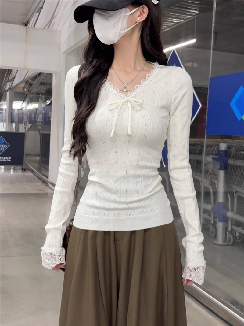 韩系花边蝴蝶结v领长袖针织衫女秋季设计感小众修身百搭打底上衣