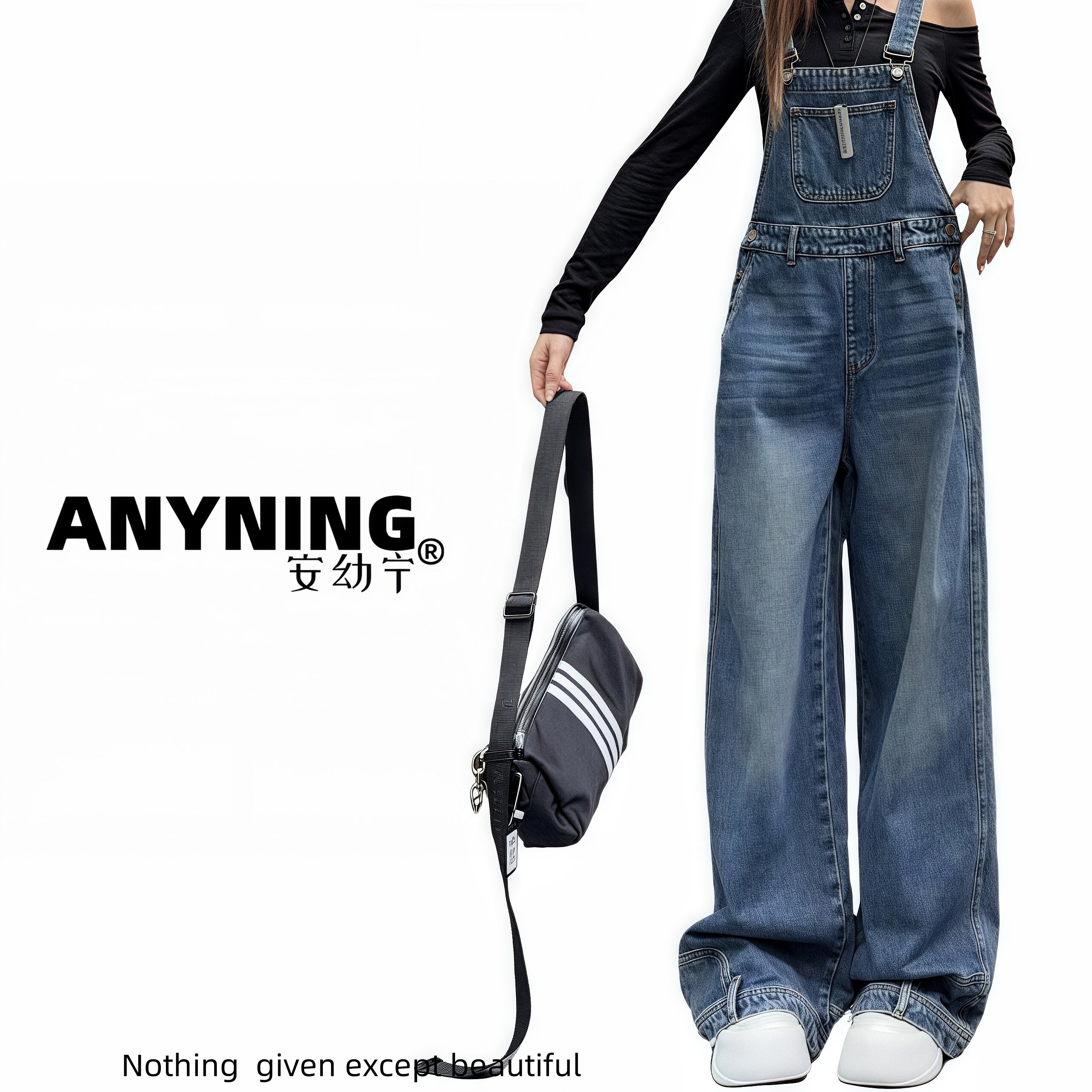 韩版复古蓝色牛仔背带裤女秋季新款宽松休闲减龄连体裤阔腿直筒裤