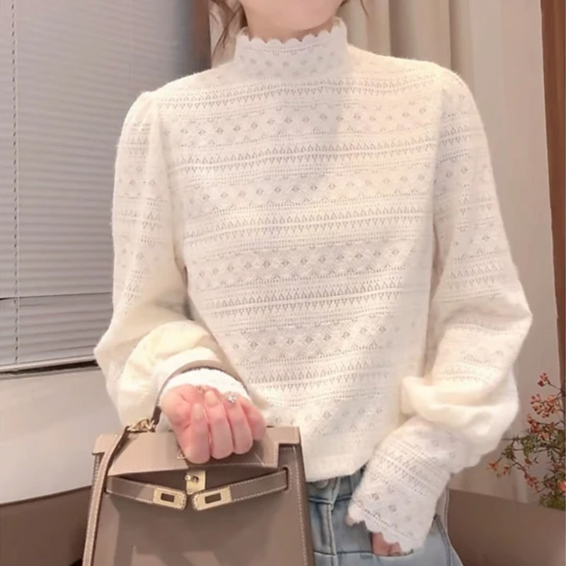 韩版磨毛蕾丝打底衫女加绒加厚小衫秋冬新款时尚百搭修身显瘦上衣