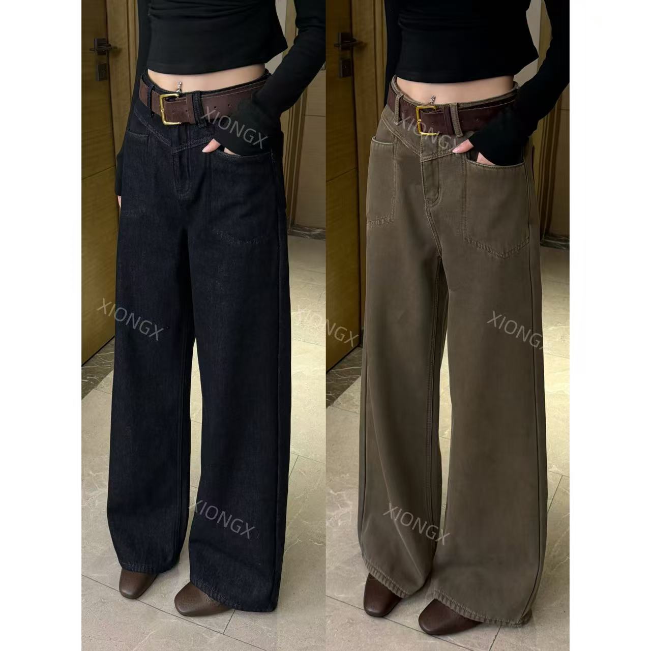 『XIONGX』2025加绒冬季简约美拉德风女牛仔裤复古设计感拖地裤