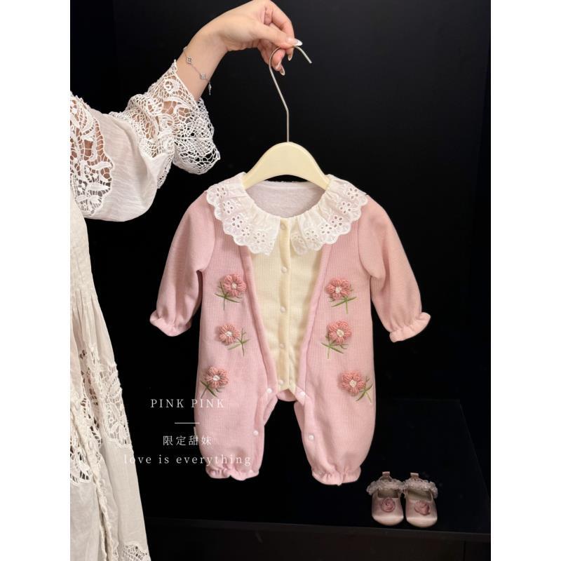 针织花朵｜蕾丝领宝宝双层连体衣