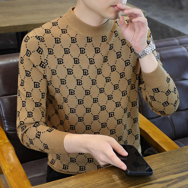 【高品质】2025秋冬季潮流提花半高领毛衣男士修身保暖针织衫6629