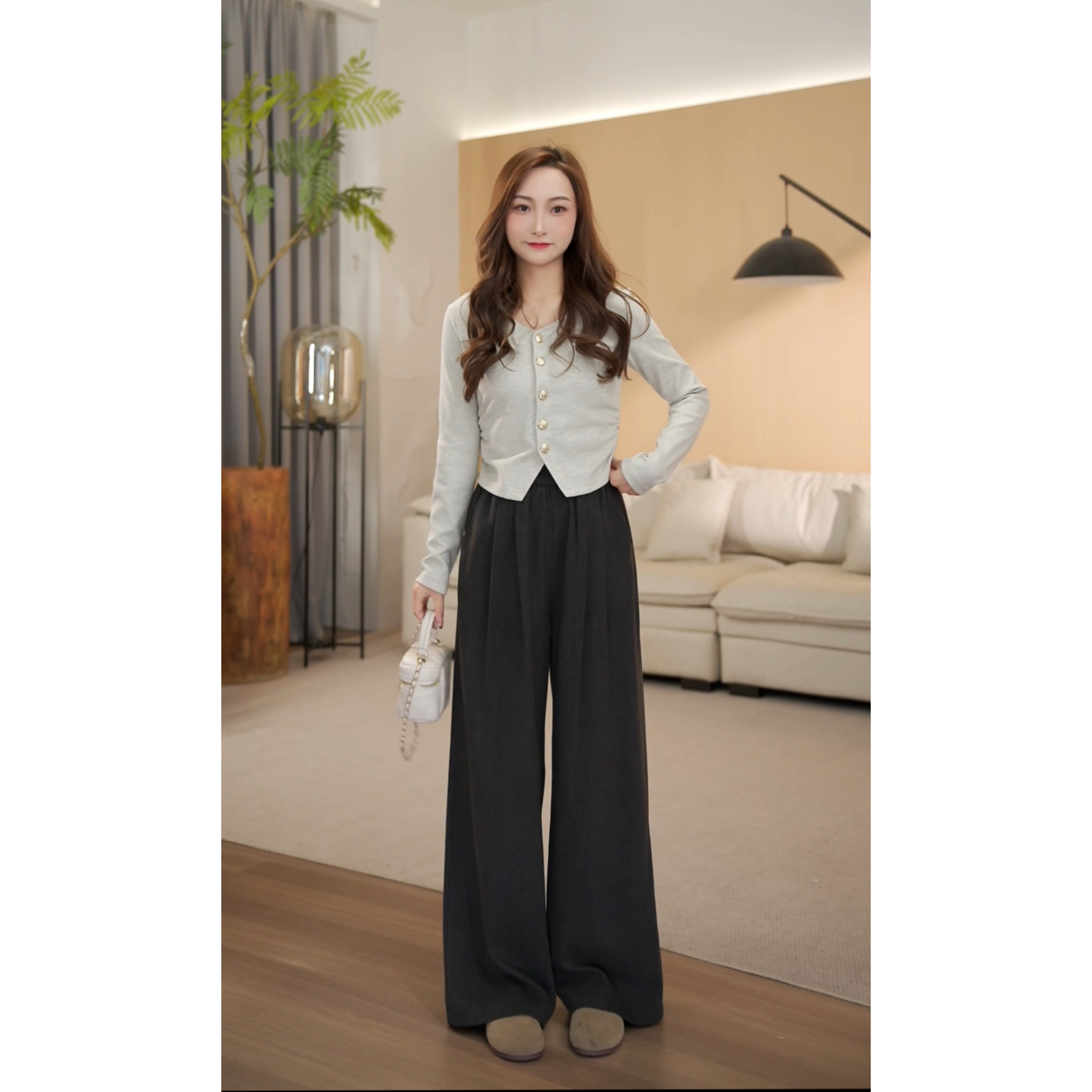 （周周小个子）春季新款高腰显瘦直筒休闲松紧腰休闲裤-8169