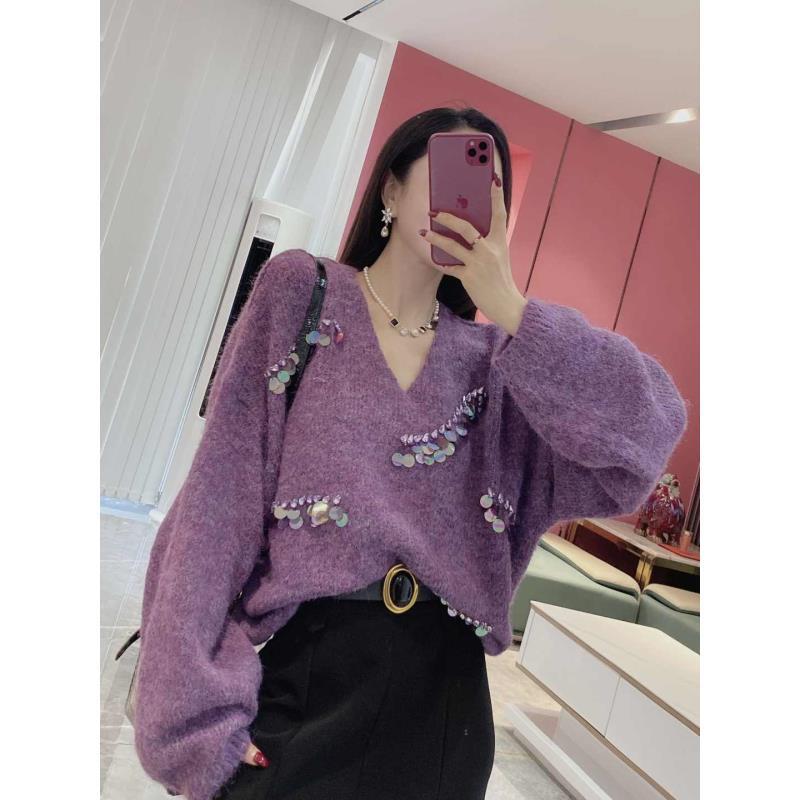 【大亮片毛衣】大亮片灯笼袖V领毛衣1233