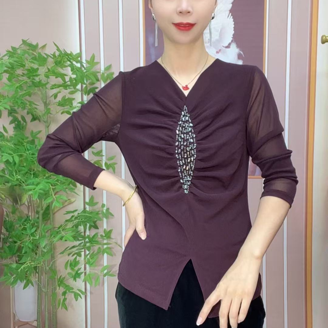 V领蝴蝶结长袖常规款通勤吸汗T恤时尚女士打底衫长袖气质01