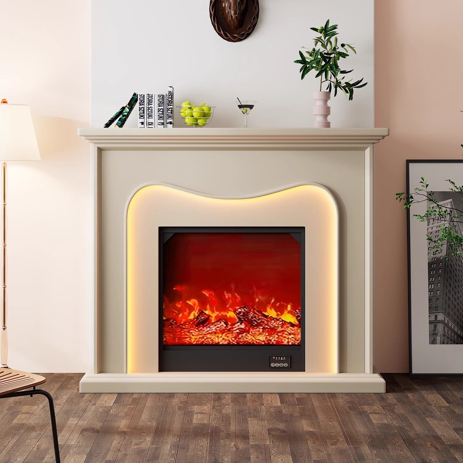 轻奢壁炉装饰柜仿真火奶油风北欧客厅玄光柜取暖器LED灯光背景墙
