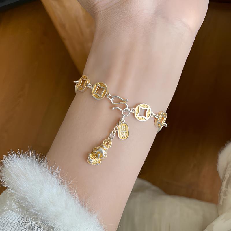 足银手链 佳越银饰 足银999.9描金貔貅钱币手链 新中式国风 轻奢