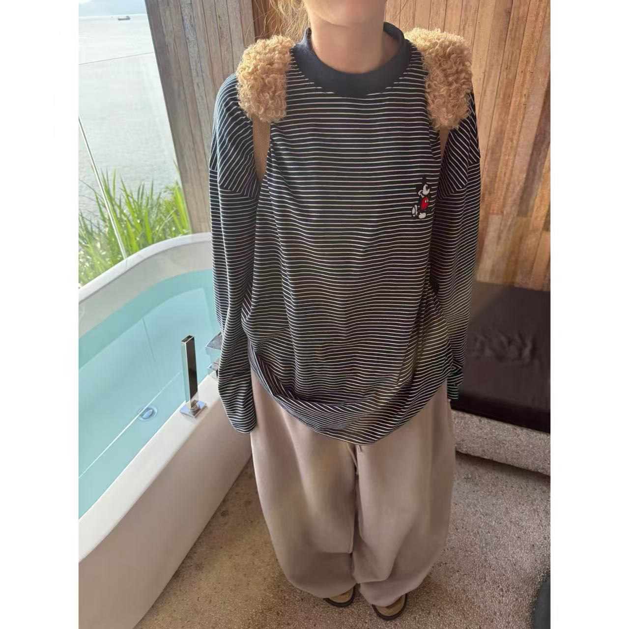 【陈碗饭】条纹米奇长袖打底内搭条纹T恤百搭上衣191