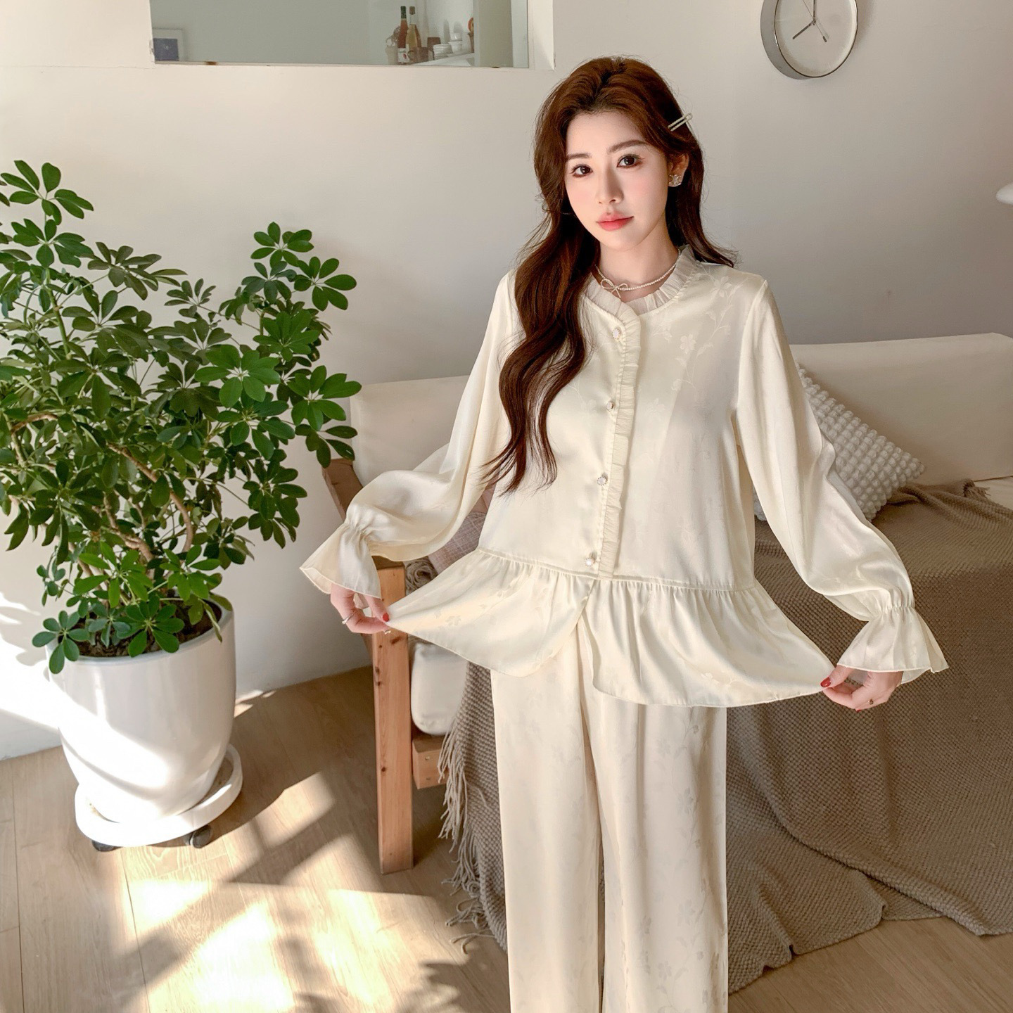 新中式睡衣女春夏季家居服女高级感提花网红居家睡衣女甜美花边