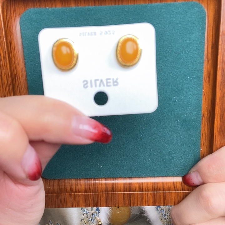 蜜蜡耳饰银S925镶嵌耳钉