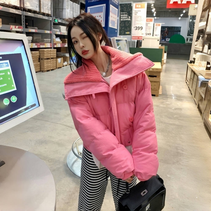 2025年新款冬季翻领短款休闲加厚棉服女小个子韩版设计感棉衣棉袄