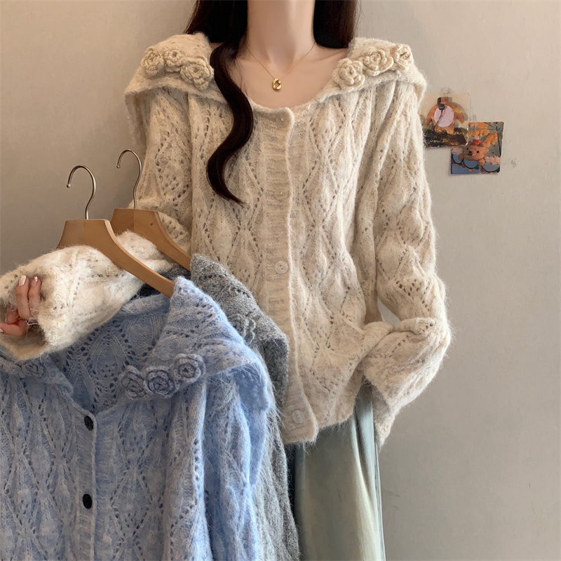 大码软糯海军领毛衣胖mm慵懒感宽松显瘦温柔花朵针织上衣