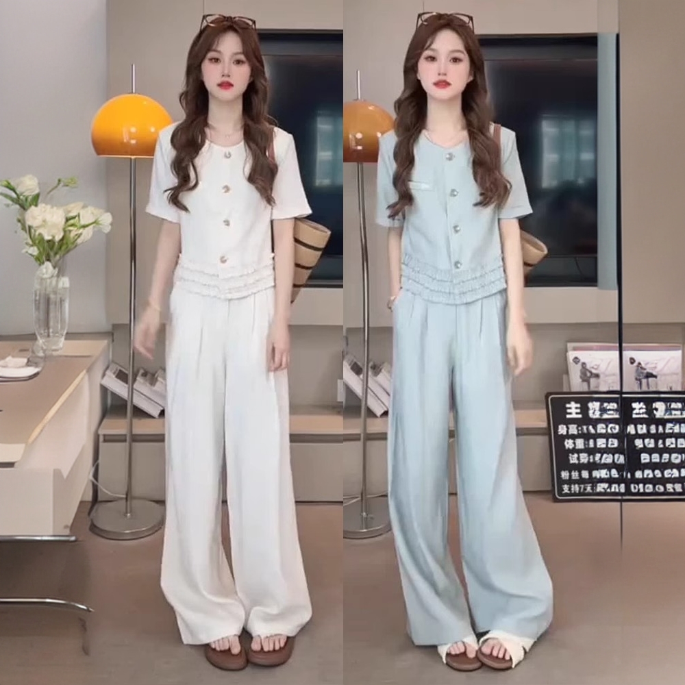 时尚洋气小香风套装女2025夏季新款气质圆领短袖阔腿裤时髦两件套