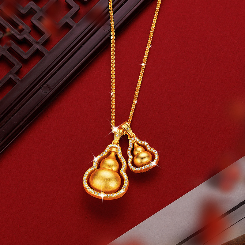 铜合金布艺吊坠 韦雪同款点钻可旋转双葫芦叠戴吊坠项链礼物套链