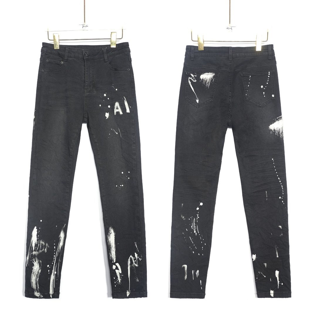 黑色泼墨设计牛仔裤女款春秋季潮牌修身小脚裤