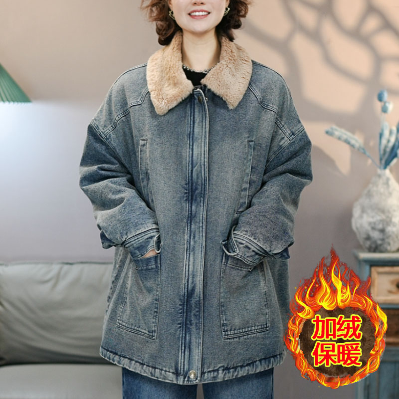 2630蓝色加绒中款款毛领牛仔棉服2025冬季新款加厚保暖棉衣