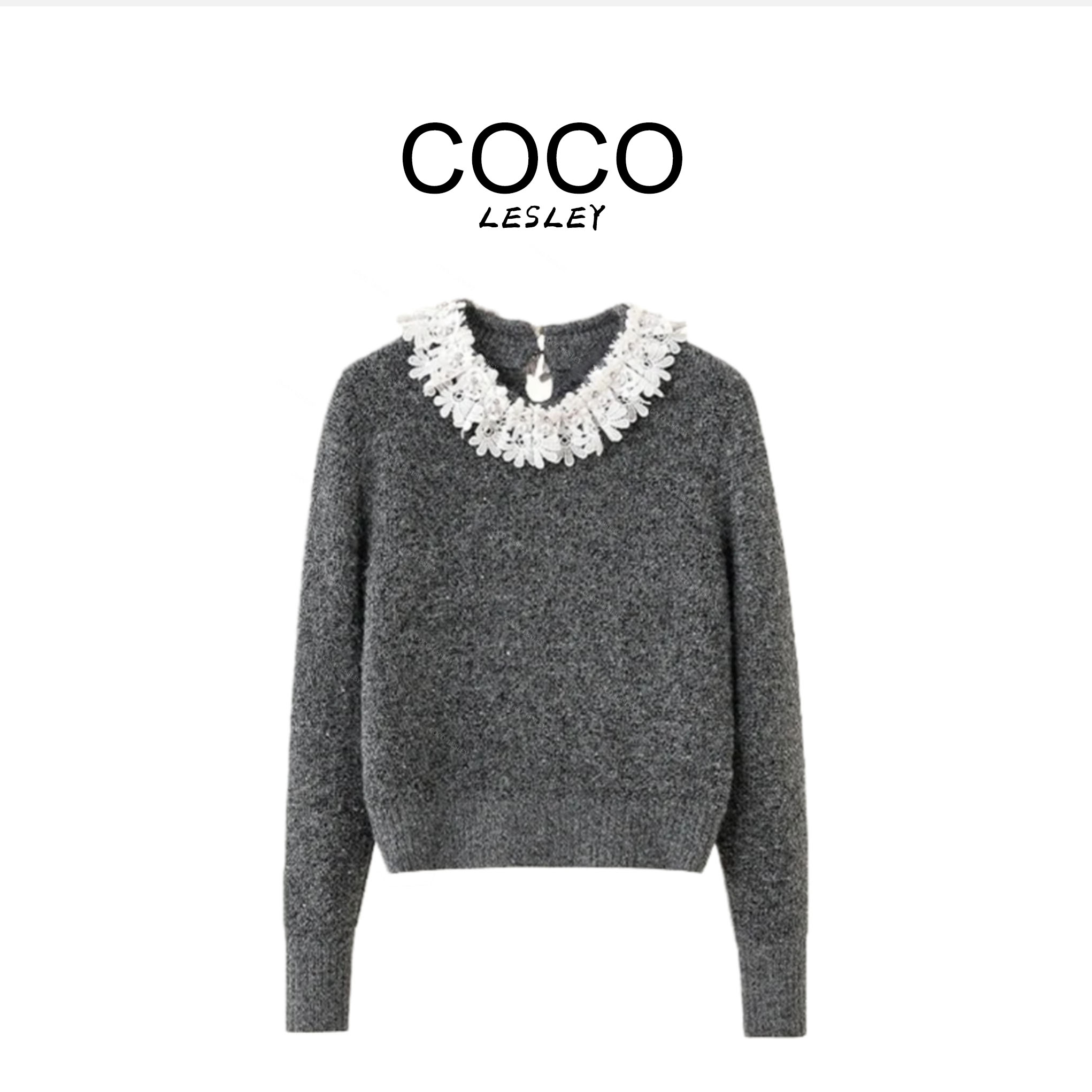 【COCO LESLEY】羊驼毛马海毛蕾丝领口针织毛衣msl1085