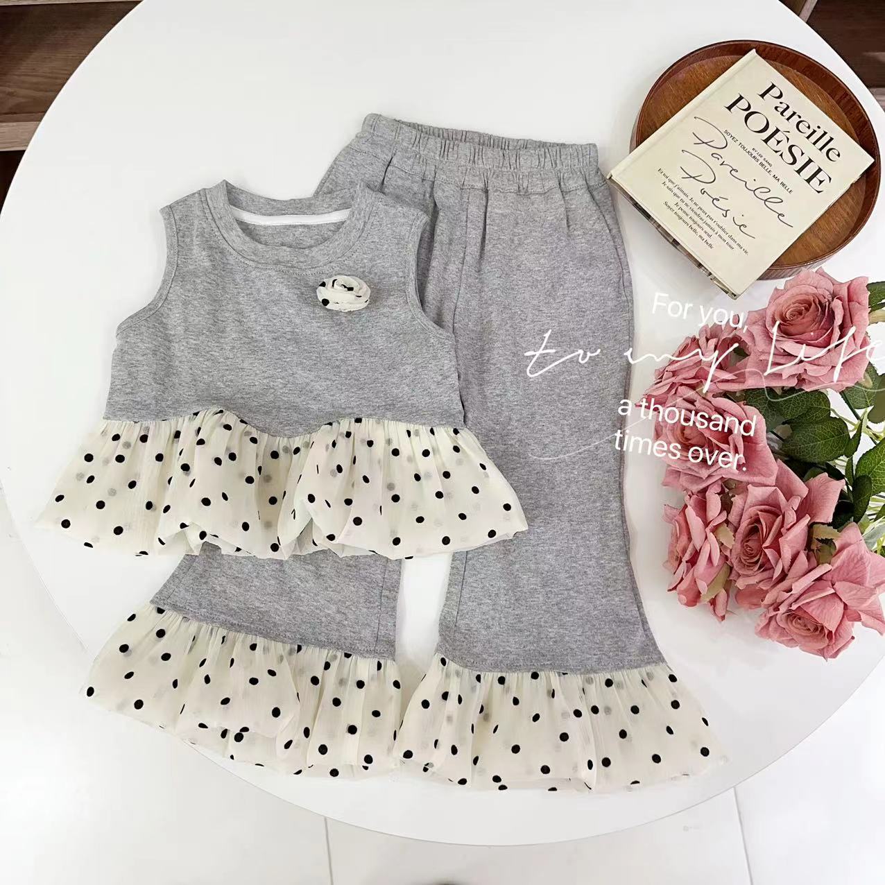 汤圆家童装2025夏季新款韩系立体玫瑰波点拼接喇叭裤套装 YA-1535