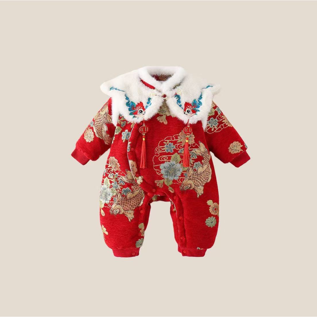 婴幼儿冬季衣服女宝宝红色连体喜庆过年拜年服
