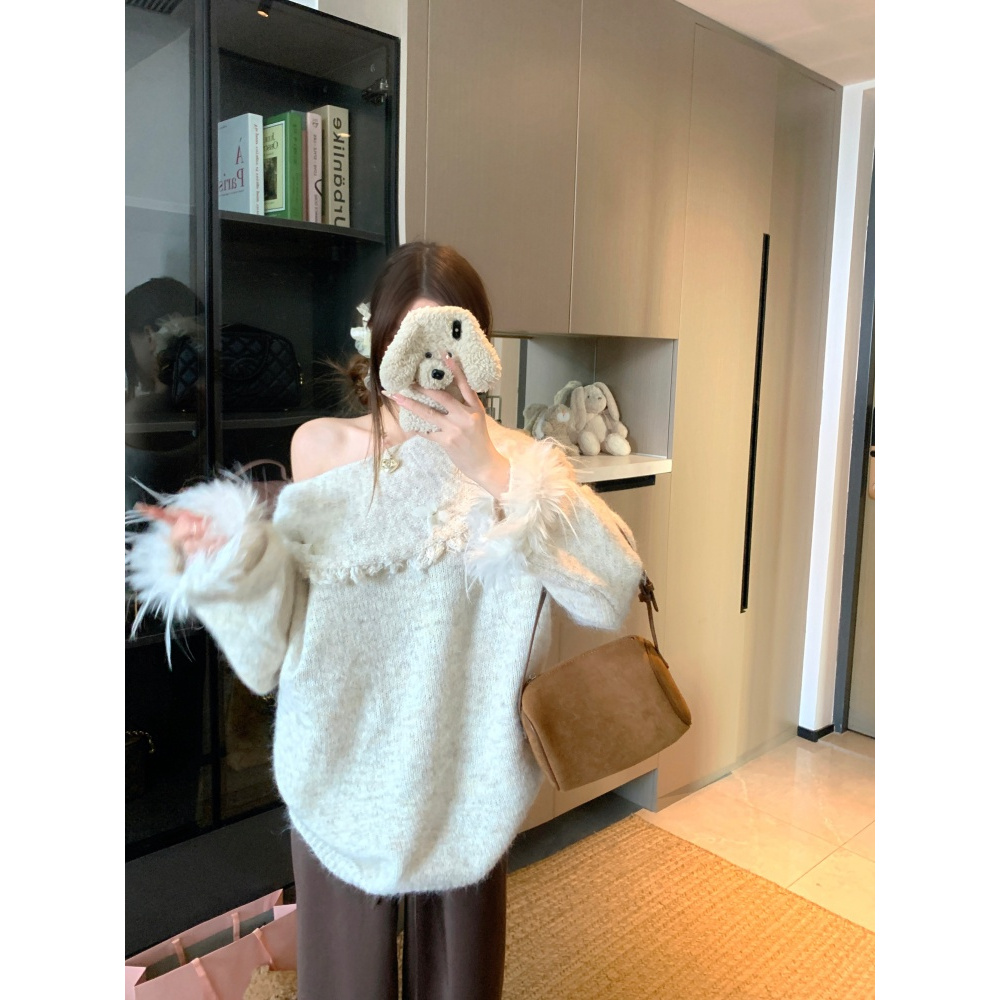 大码胖MM巨好看拼接流苏毛衣女秋季一字肩蝴蝶宽松长袖针织衫上衣