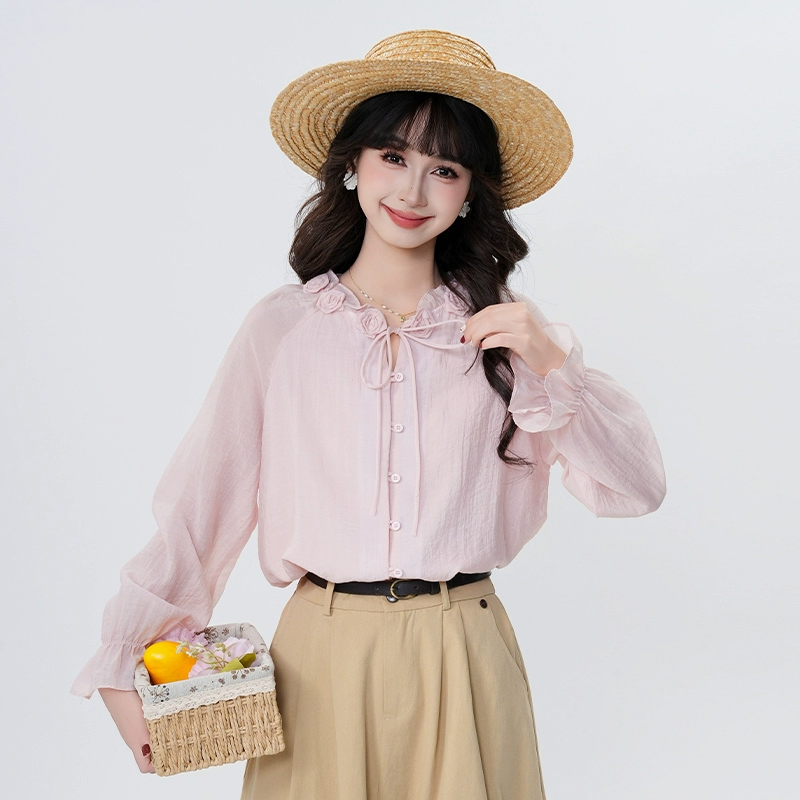 法式粉色立体花朵系带衬衫女2025春季新款设计感小众长袖上衣