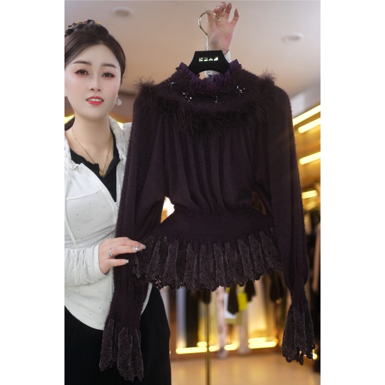 【糖宝专属】鸢尾紫拼接毛绒设计师法式蕾丝拼接气质上衣A055-15