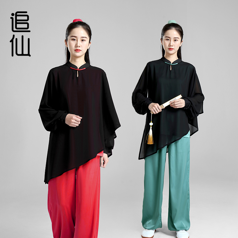追仙新款手绘太极服黑红个性晨练演出服表演服女春夏太极拳服装