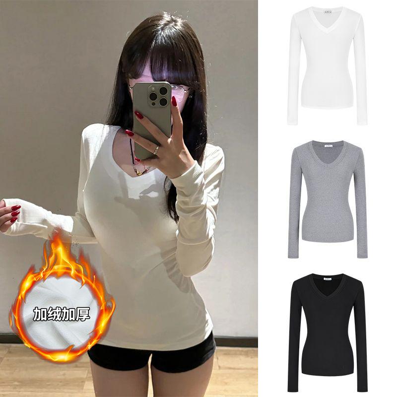 Moses Queen/魔西女王一体绒正肩V领T恤打底衫显瘦掐腰长袖上衣