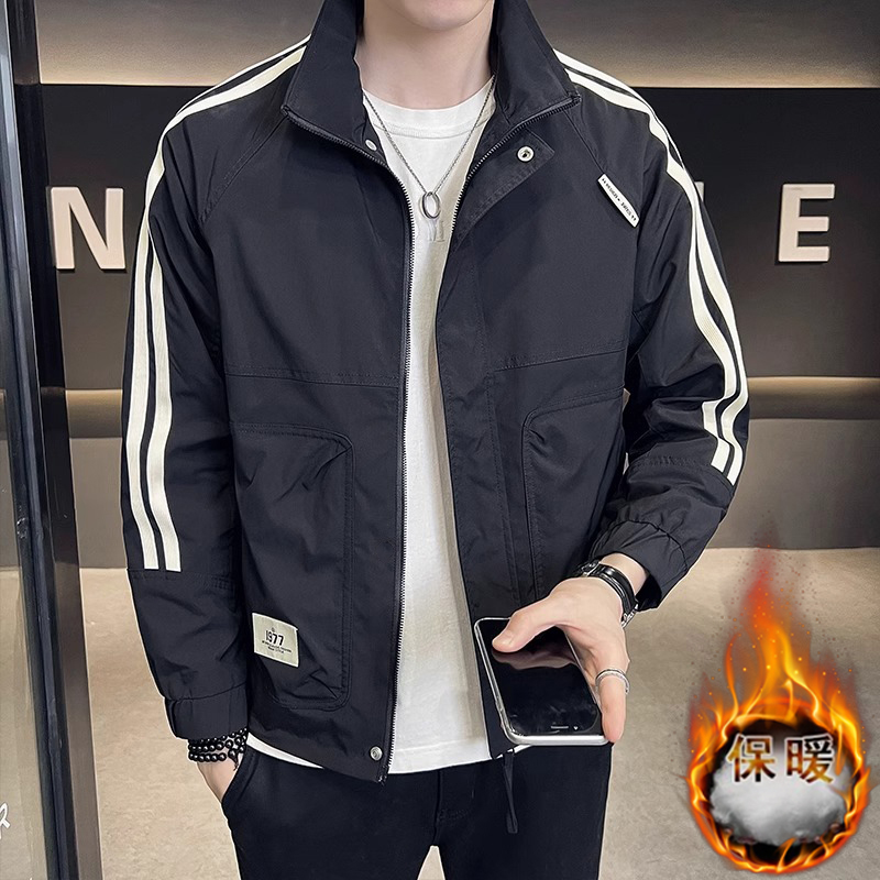 加棉加厚外套男秋冬休闲帅气条纹立领棉衣美式保暖工装夹克潮流