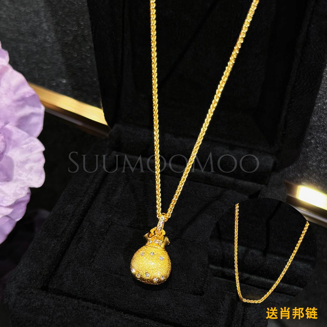 铜合金合成锆石吊坠 时尚福袋项链拉丝白锆钱袋吊坠 送肖邦链
