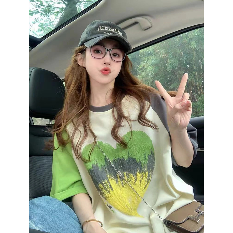 撞色插肩纯棉短袖t恤女夏2025新款美式渐变爱心潮牌宽松显瘦上衣