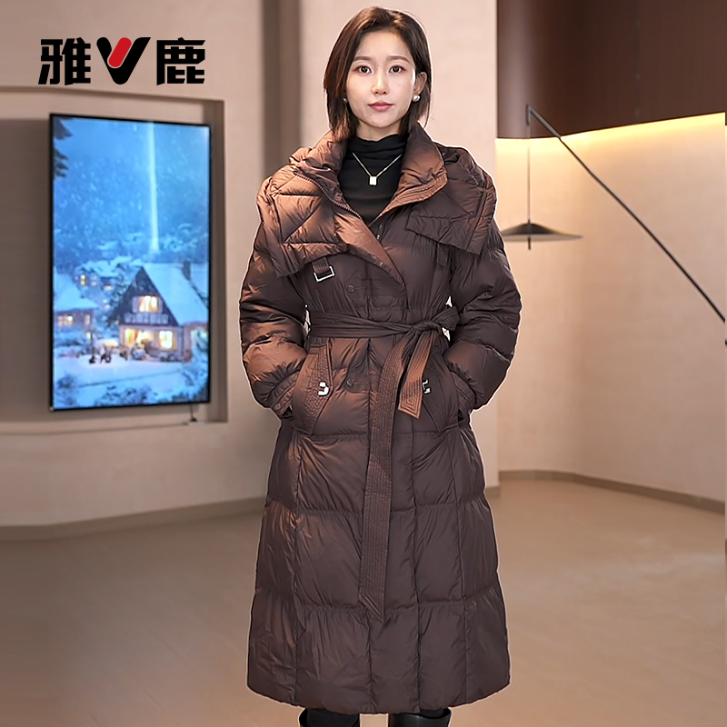 雅鹿黑色羽绒服女款长款女款过膝保暖显瘦大码外套冬季加厚修身