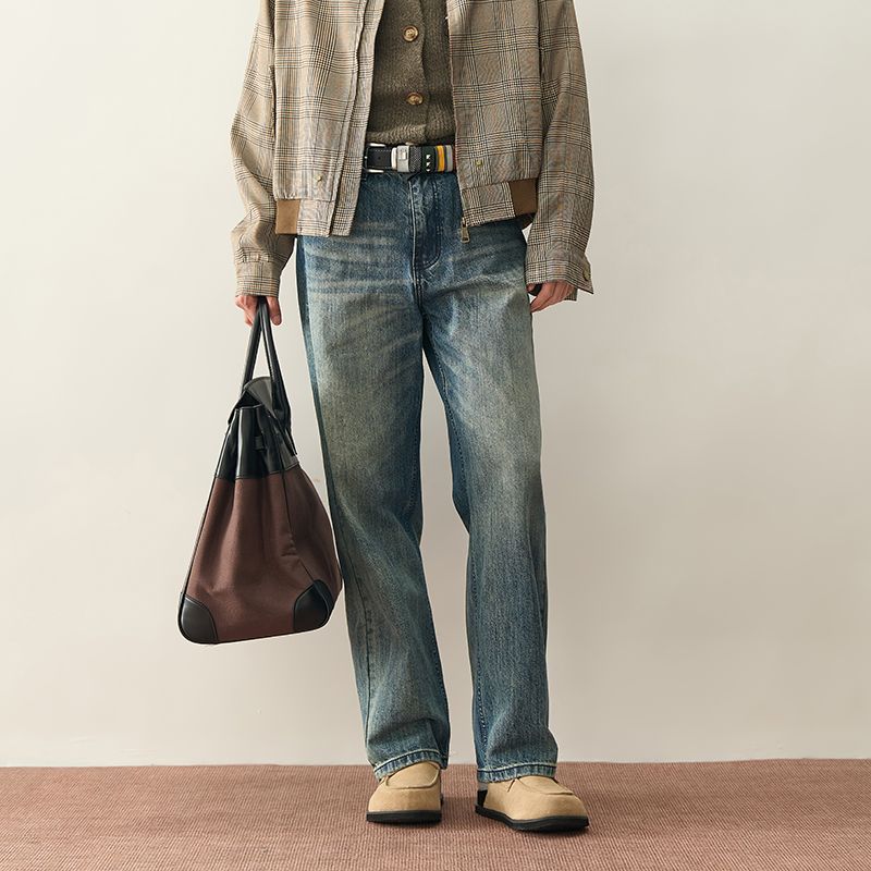 初秋重工水洗复古老钱风水洗宽松直筒阔腿cleanfit牛仔裤子男美式