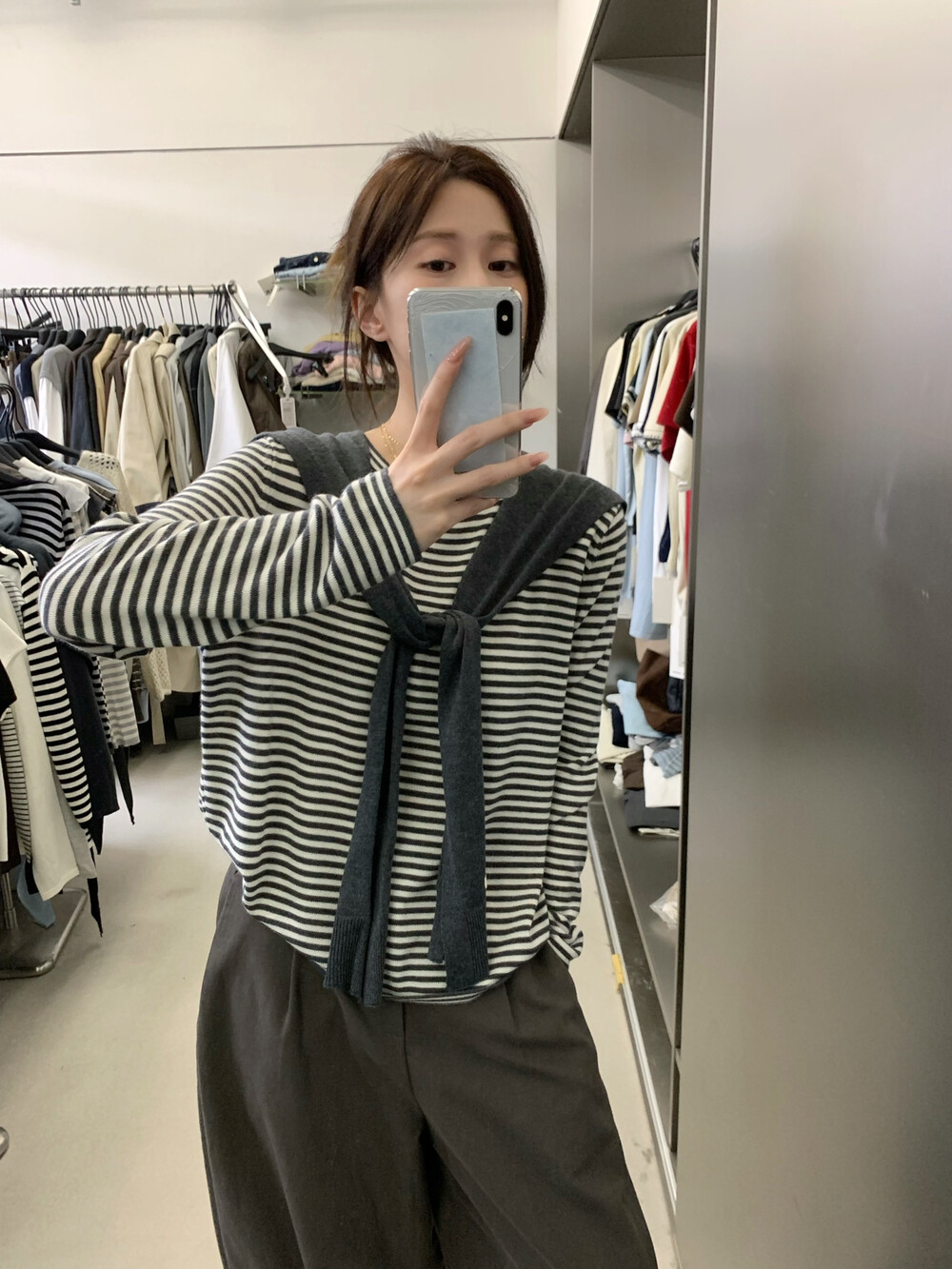 2025秋季新款时尚显瘦条纹针织衫女宽松上衣T恤配披肩两件套I4-86