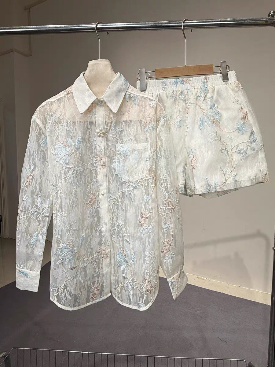 红姐严选刺绣花衬衫松紧腰短裤套装31647