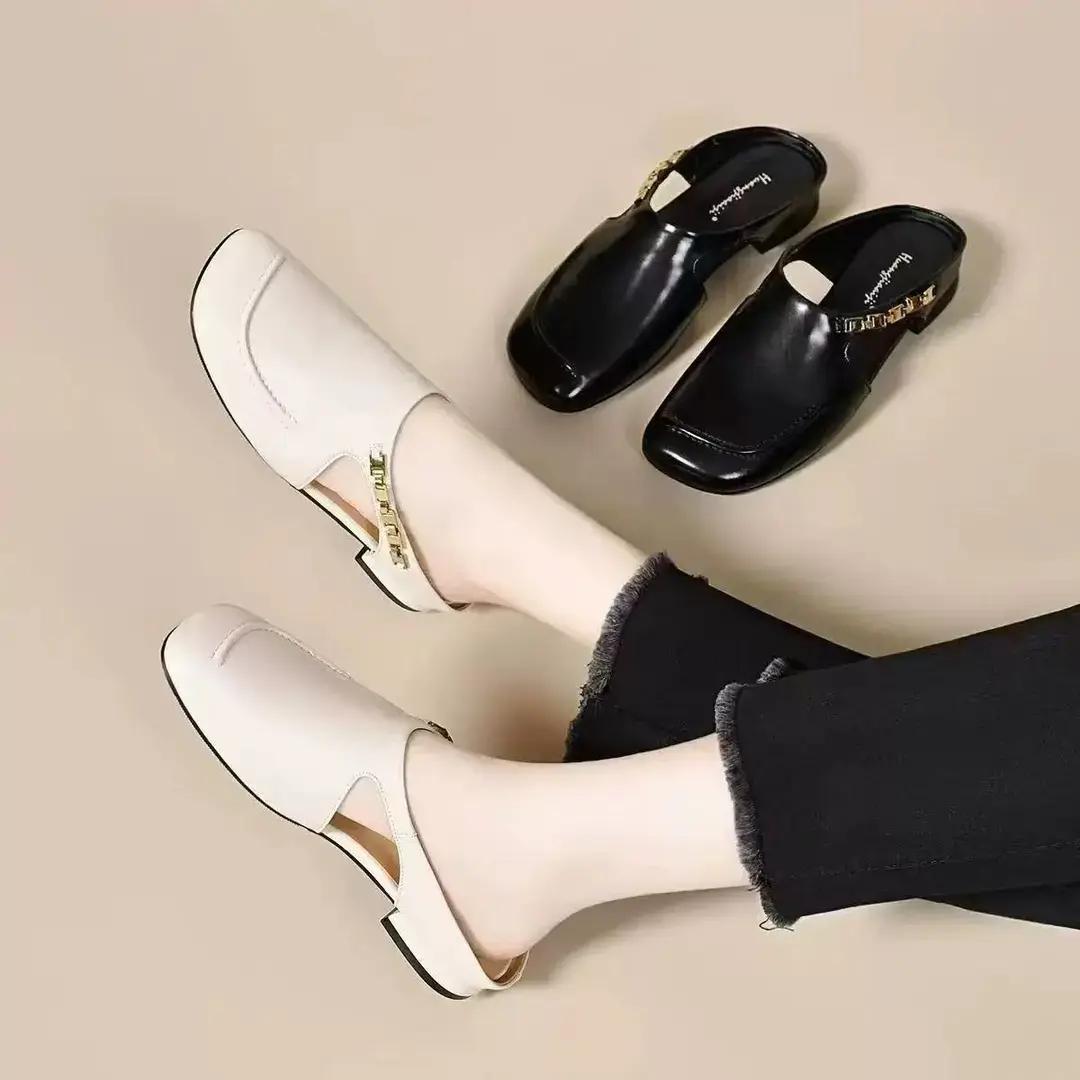 复古包头网红夏季方头拖鞋女外穿一脚蹬法式平底罗马沙滩拖鞋女生