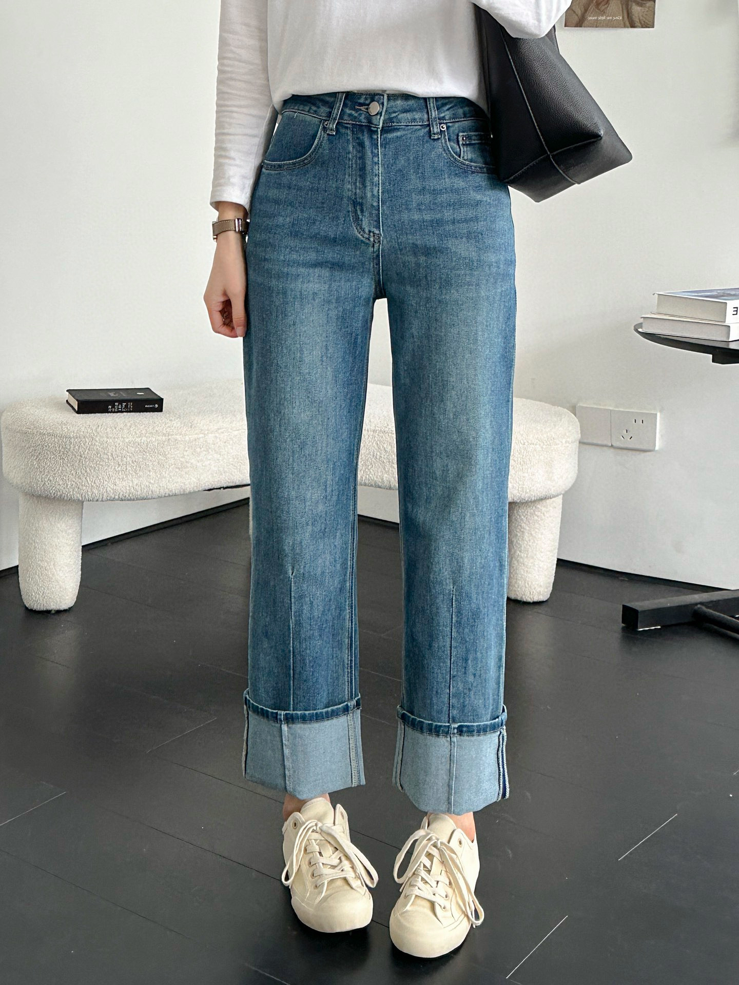 ［硕和集］925006撞色阴影翻边牛仔裤