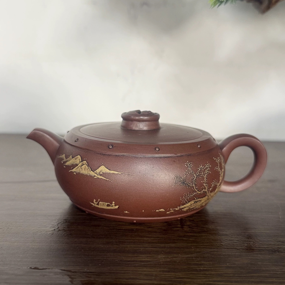 宜兴紫砂壶原矿明紫茶壶小容量清代台湾回流泥绘太极鼓180CC