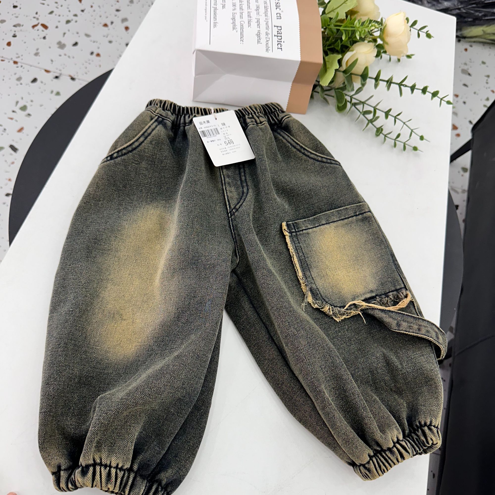 田木果 小男童冬季一体绒潮流绿棕牛仔裤