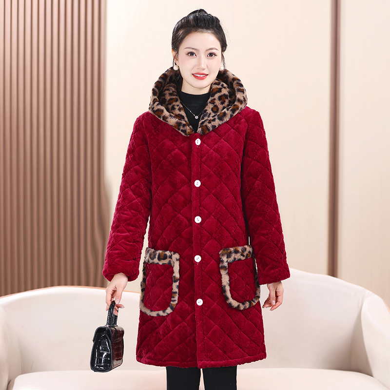 冬季加绒加厚保暖中长款连帽棉服中老年妈妈装加绒加厚女棉袄外套