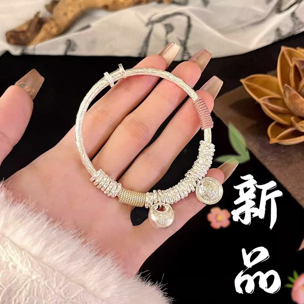 足银手镯 42号-黄财神胖福盘缠银手镯【推拉】手镯