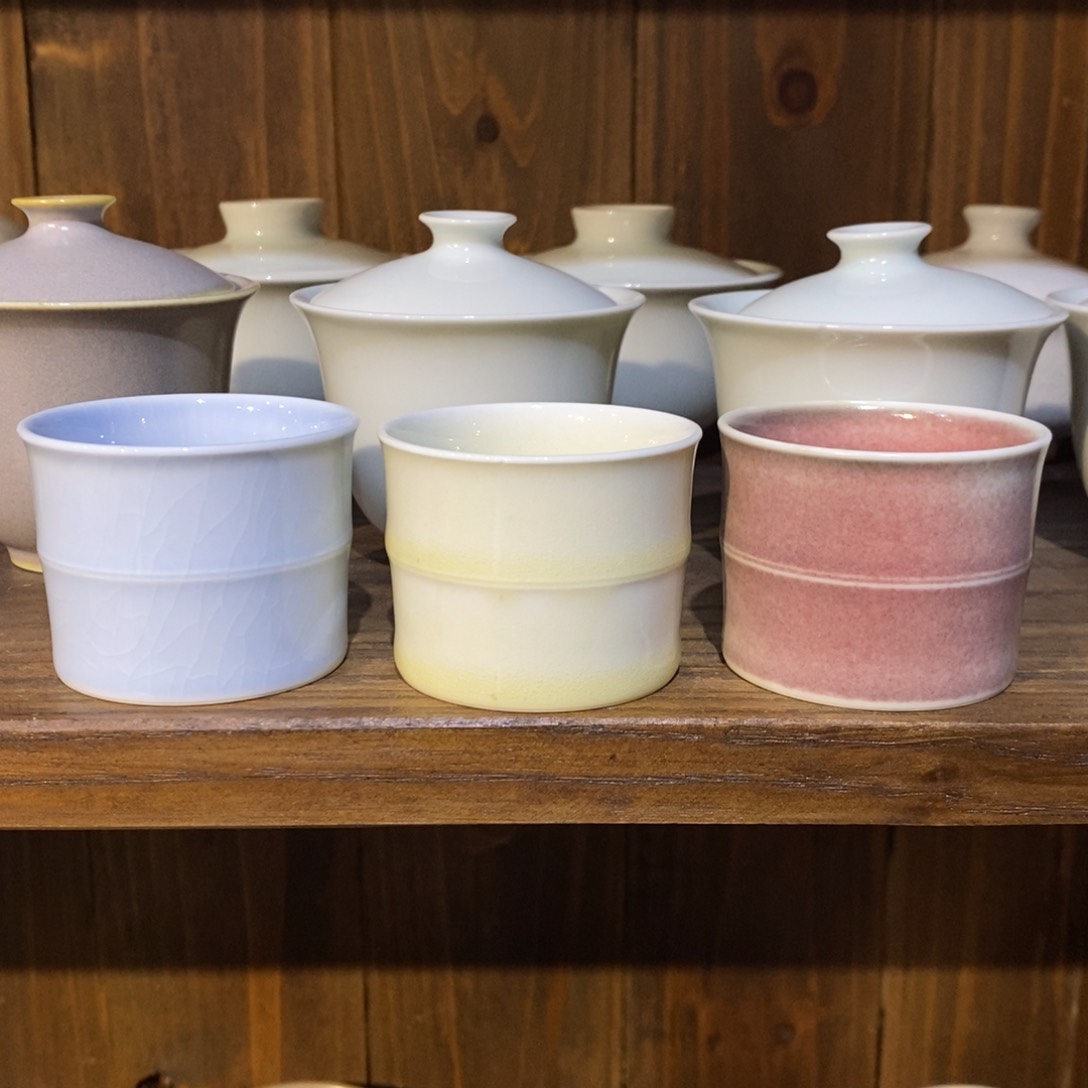 单色釉三人品茗套组竹节杯