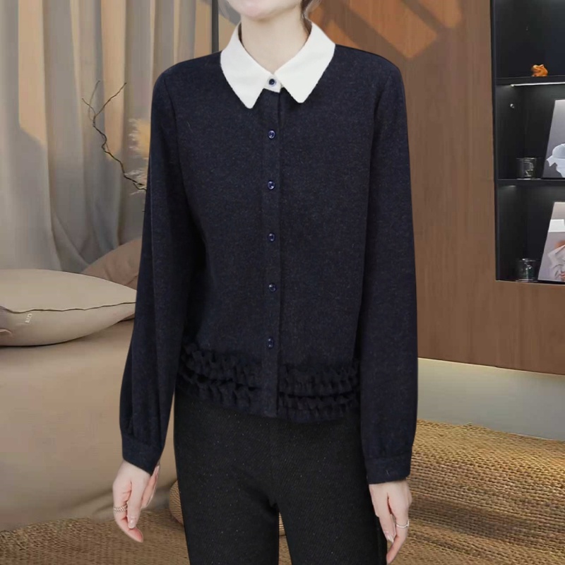 法式轻奢拼接木耳边衬衫女春秋时髦宽松显瘦舒适保暖拼色翻领上衣