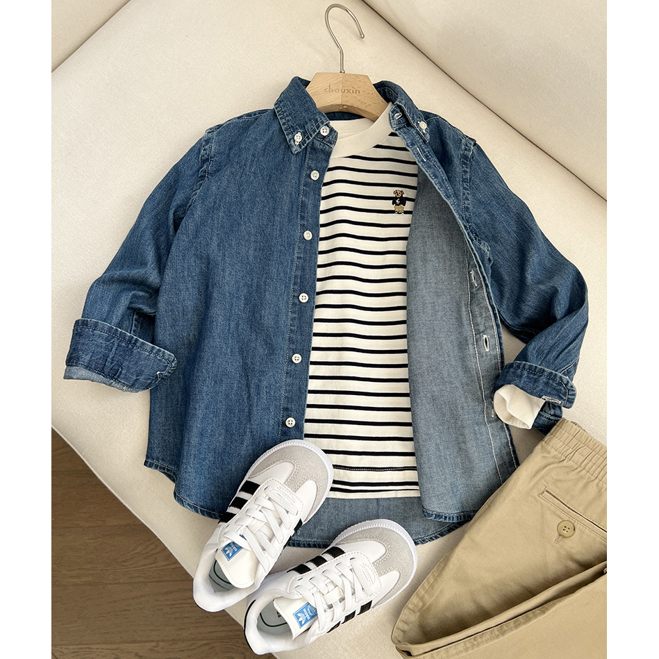 25秋款新款 经典丹宁软牛仔衬衫男童女童中大童长袖衬衣打底