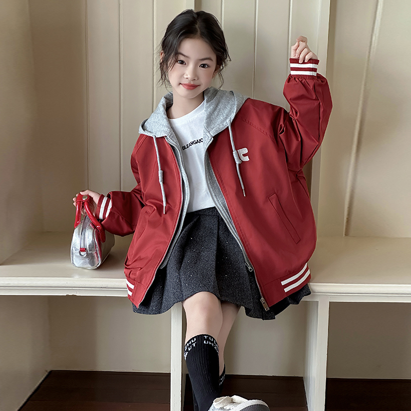 女童外套2025新款红色洋气儿童秋装假两件开衫卫衣女大童连帽上衣