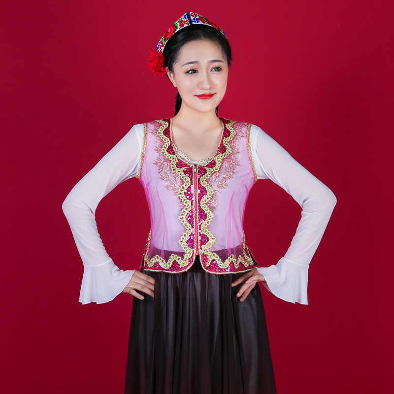 天翼美2024夏季新款新疆舞蹈服传统欧根纱重工舞台表演短马甲