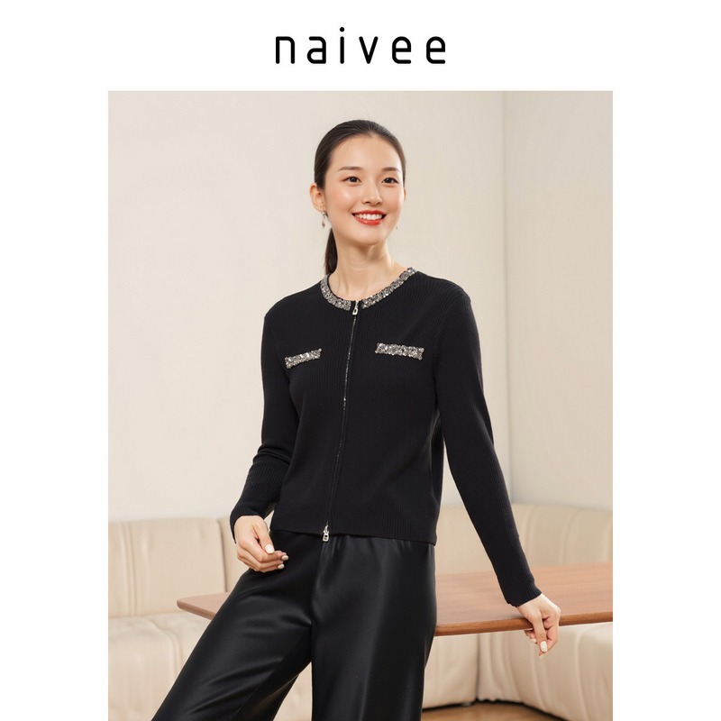 Naivee/纳薇【CC专属】25新款小香风亮片镶钻针织开衫25C2924X8